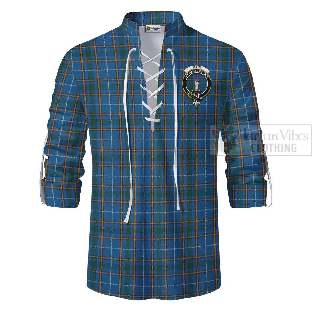 Bain Tartan Ghillie Kilt Shirt with Family Crest and Bearded Skull Holding Bottles of Whiskey