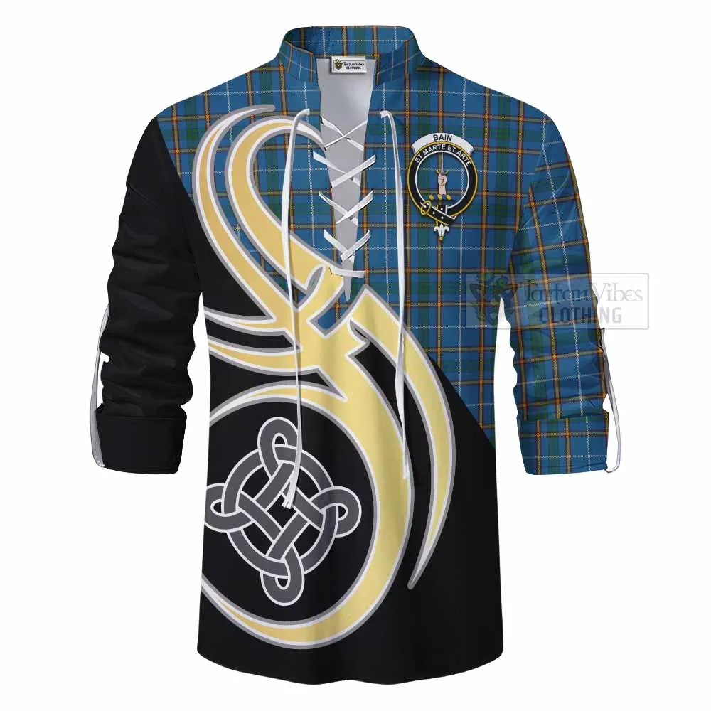 Bain Tartan Ghillie Kilt Shirt with Family Crest and Celtic Symbol Style