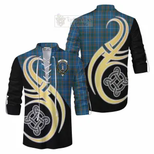 Bain Tartan Ghillie Kilt Shirt with Family Crest and Celtic Symbol Style