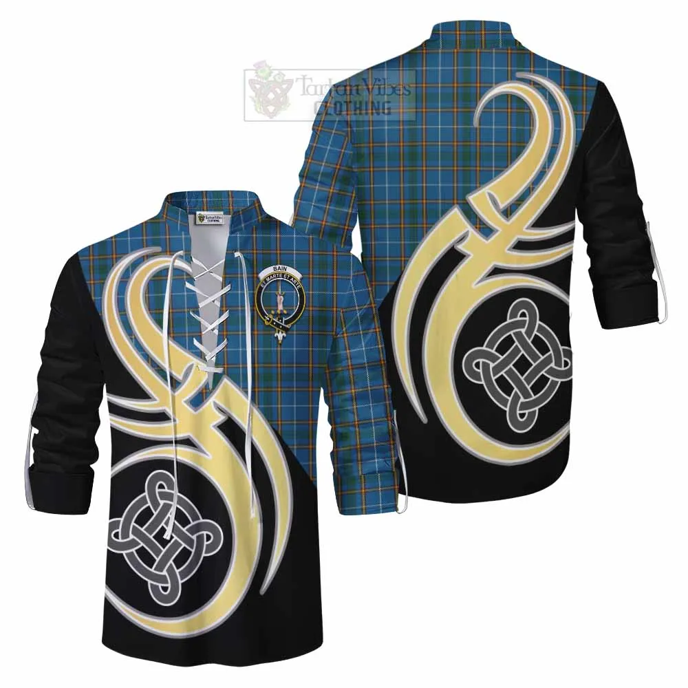 Bain Tartan Ghillie Kilt Shirt with Family Crest and Celtic Symbol Style