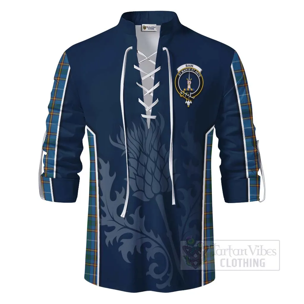 Bain Tartan Ghillie Kilt Shirt with Family Crest and Scottish Thistle Vibes Sport Style