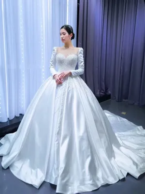 Ball Gown Matte Satin Wedding Dresses Sweetheart Long Sleeve Vestido De Novia Lace Beaded Elegant Robe De Mariee
