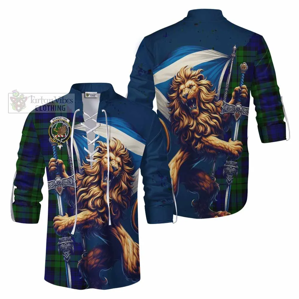 Bannatyne Tartan Family Crest Ghillie Kilt Shirt with Scottish Majestic Lion