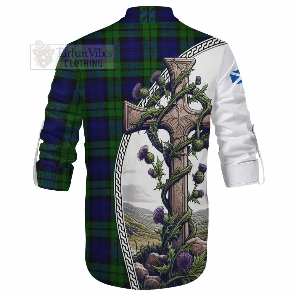 Bannatyne Tartan Ghillie Kilt Shirt with Family Crest and St. Andrew's Cross Accented by Thistle Vines