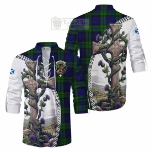 Bannatyne Tartan Ghillie Kilt Shirt with Family Crest and St. Andrew's Cross Accented by Thistle Vines