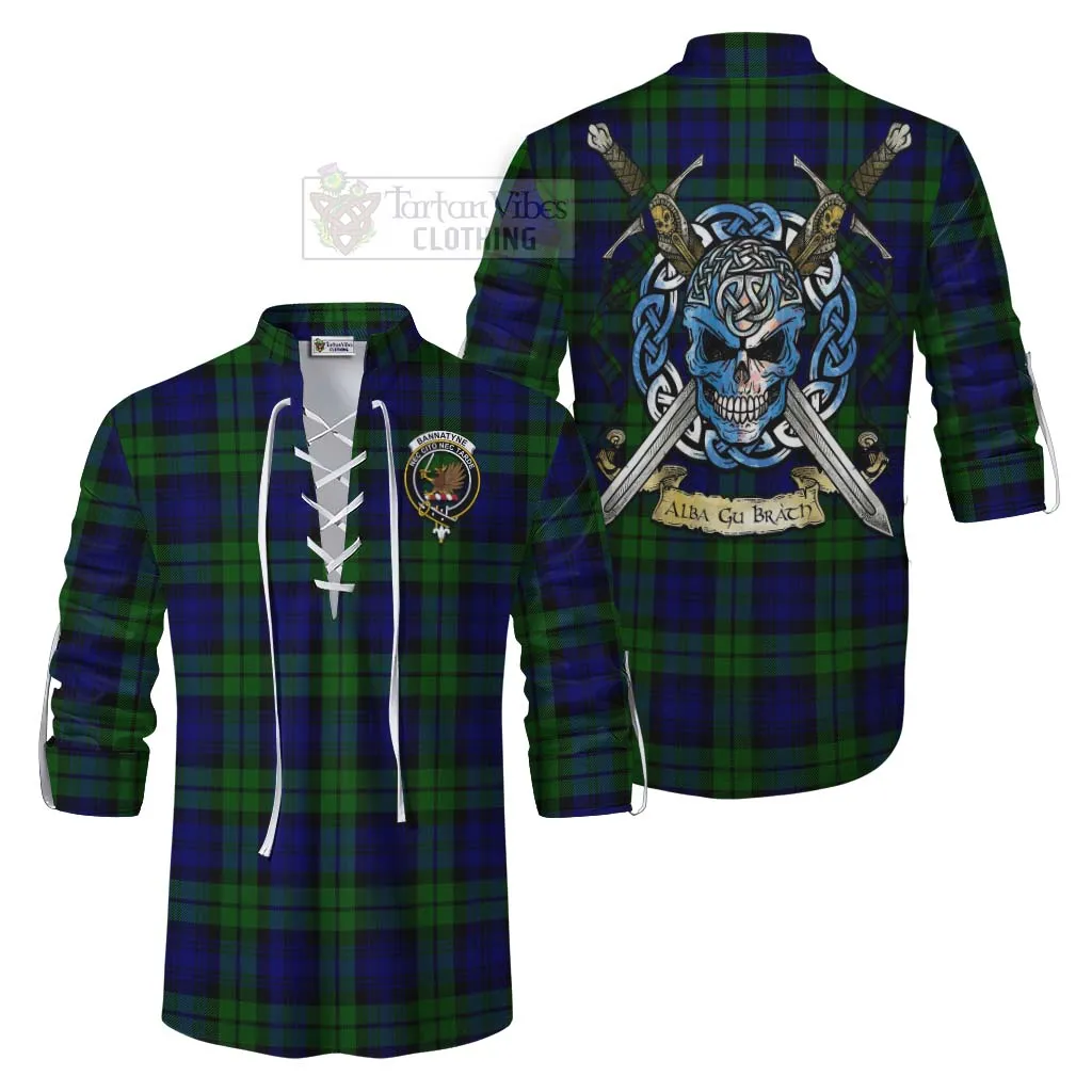 Bannatyne Tartan Ghillie Kilt Shirt with Family Crest Celtic Skull Style