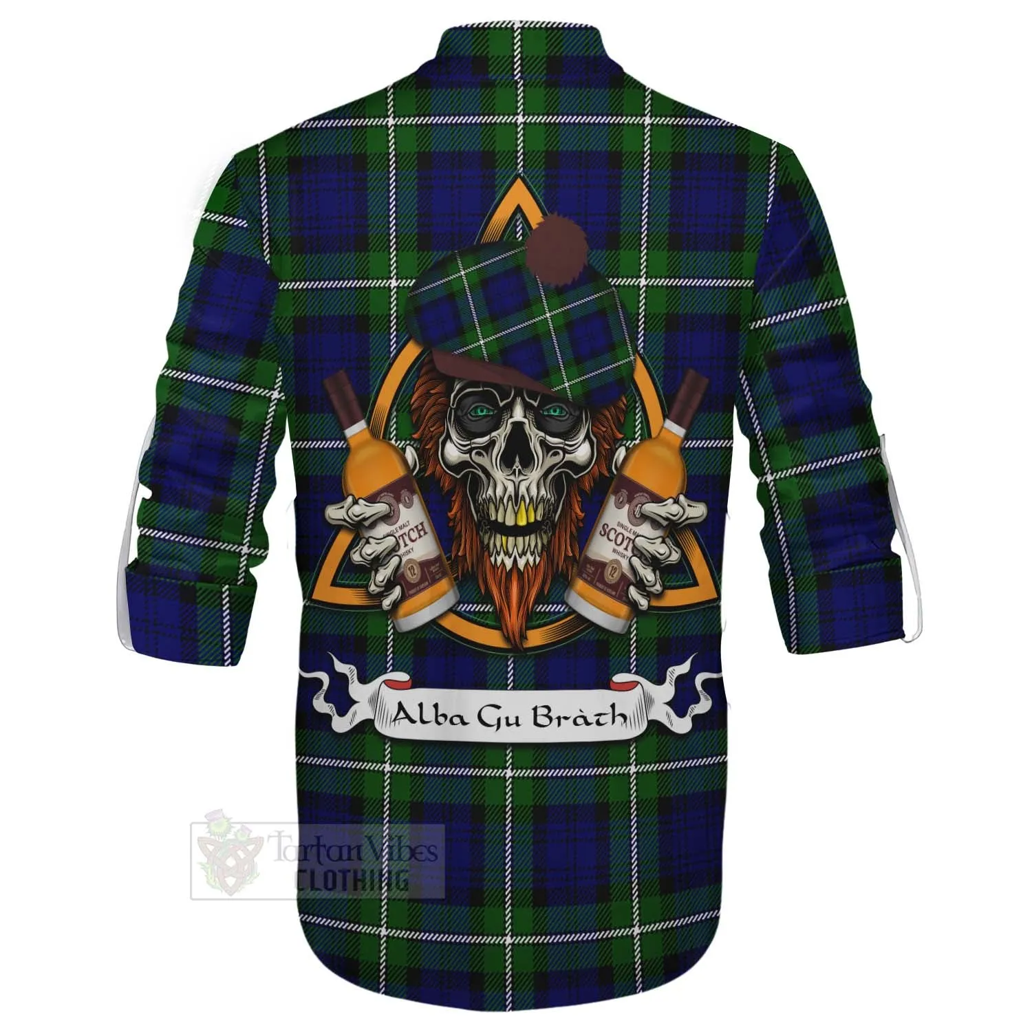 Bannerman Tartan Ghillie Kilt Shirt with Family Crest and Bearded Skull Holding Bottles of Whiskey