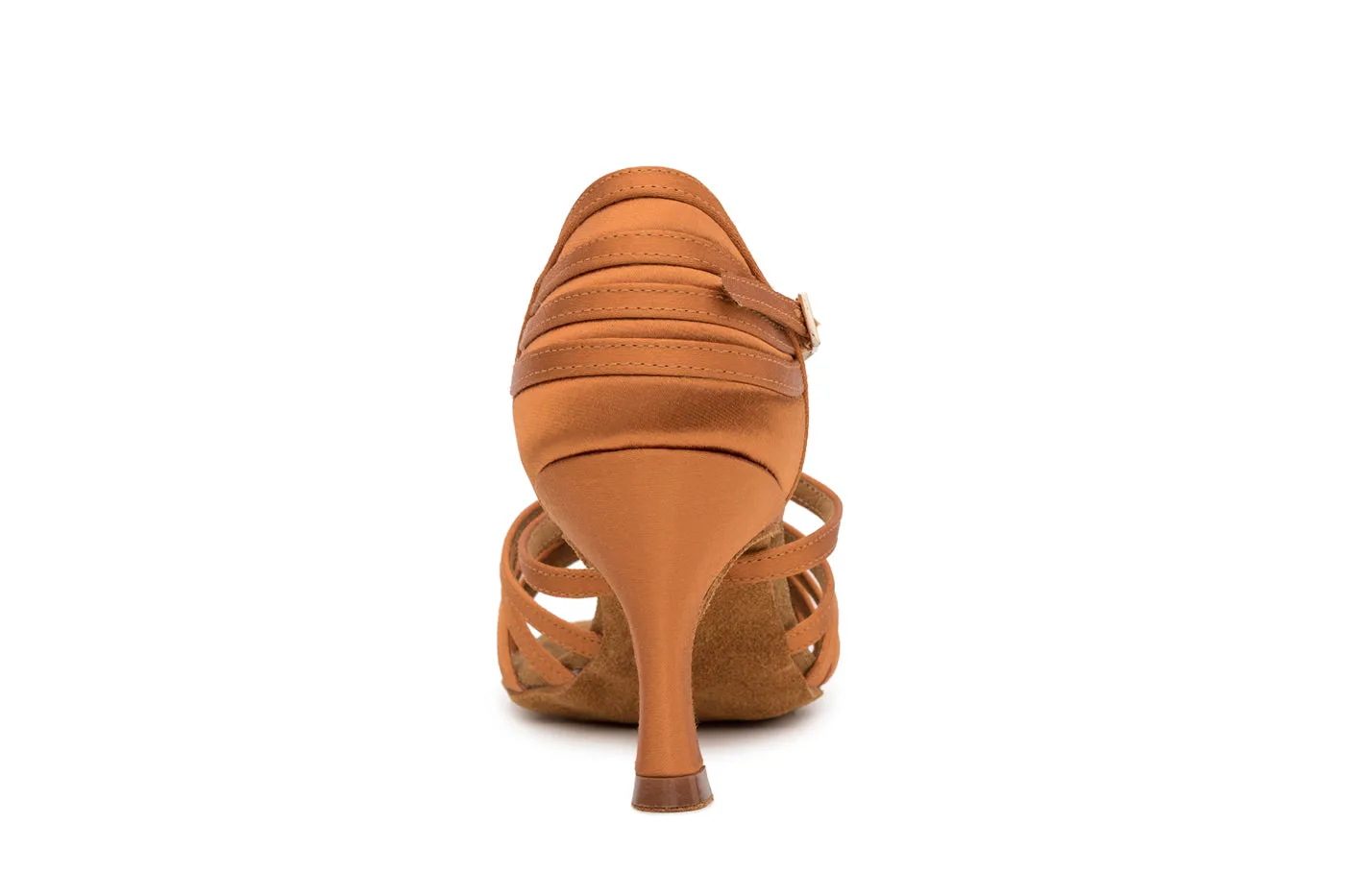 BD Dance 2324 Ladies Latin Dance Shoe Dark Tan Satin with Cross Ankle Strap