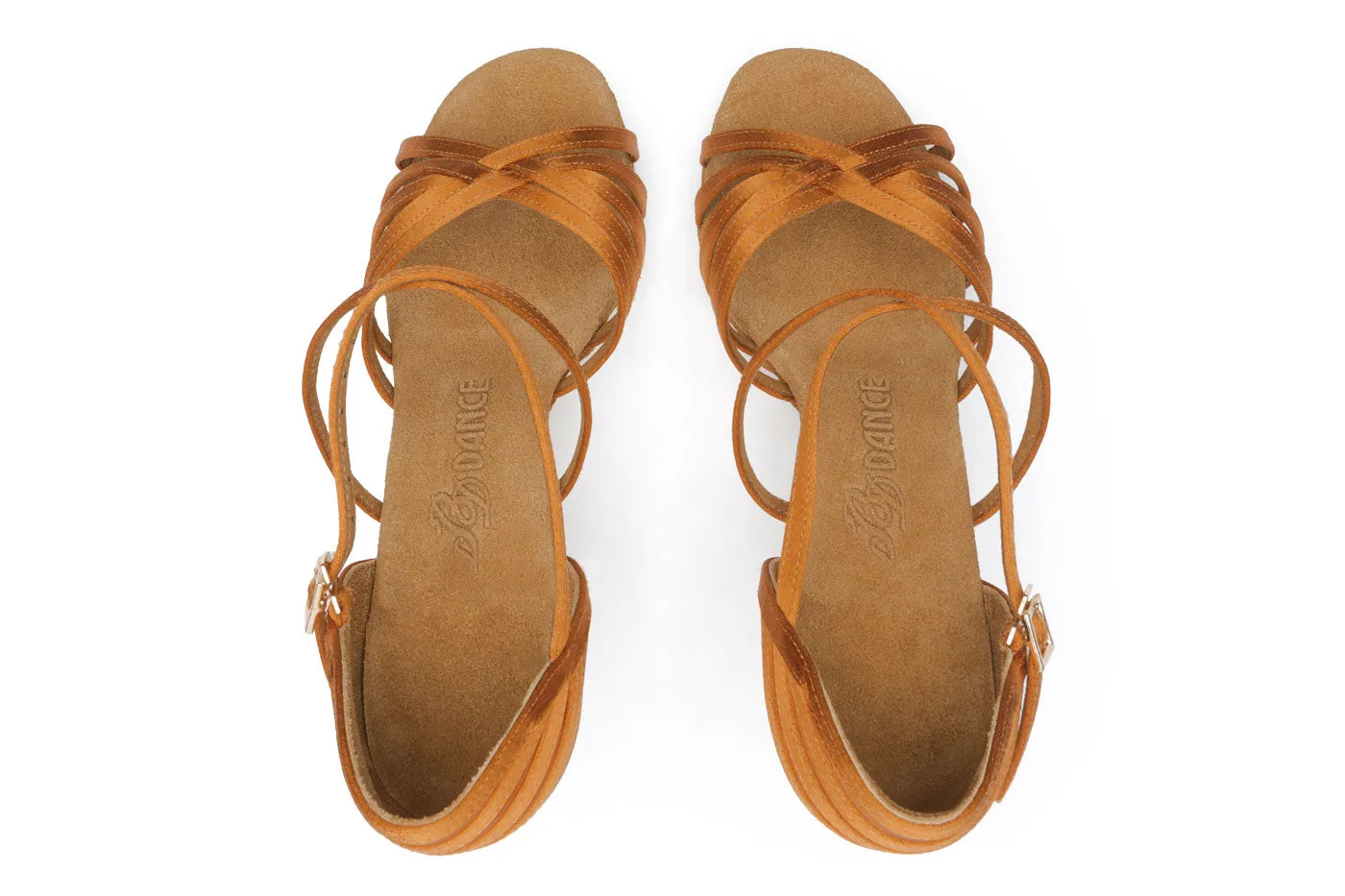 BD Dance 2324 Ladies Latin Dance Shoe Dark Tan Satin with Cross Ankle Strap