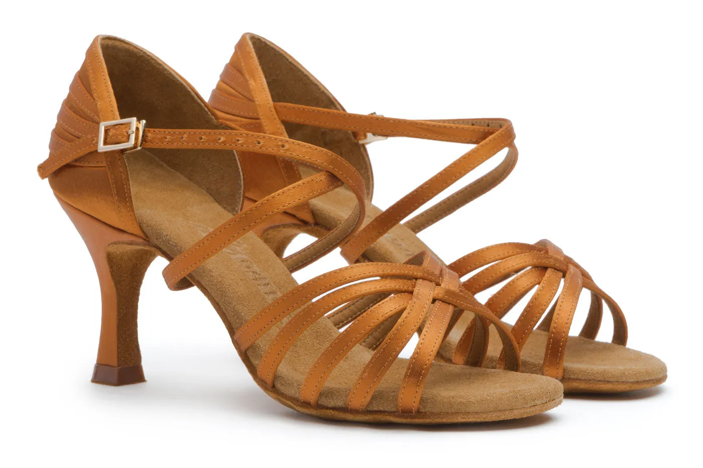 BD Dance 2324 Ladies Latin Dance Shoe Dark Tan Satin with Cross Ankle Strap