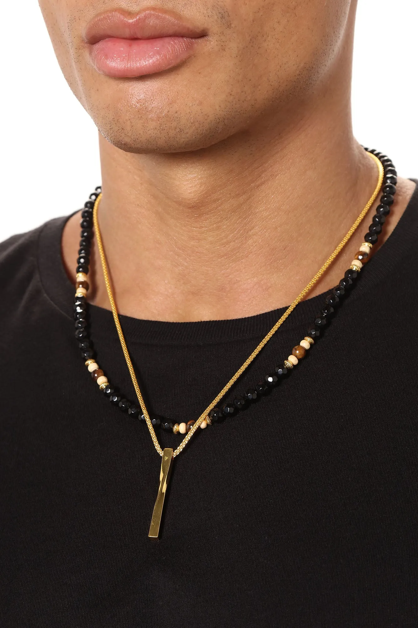 Beaded Necklace With Gold Bar Set - Black/Gold