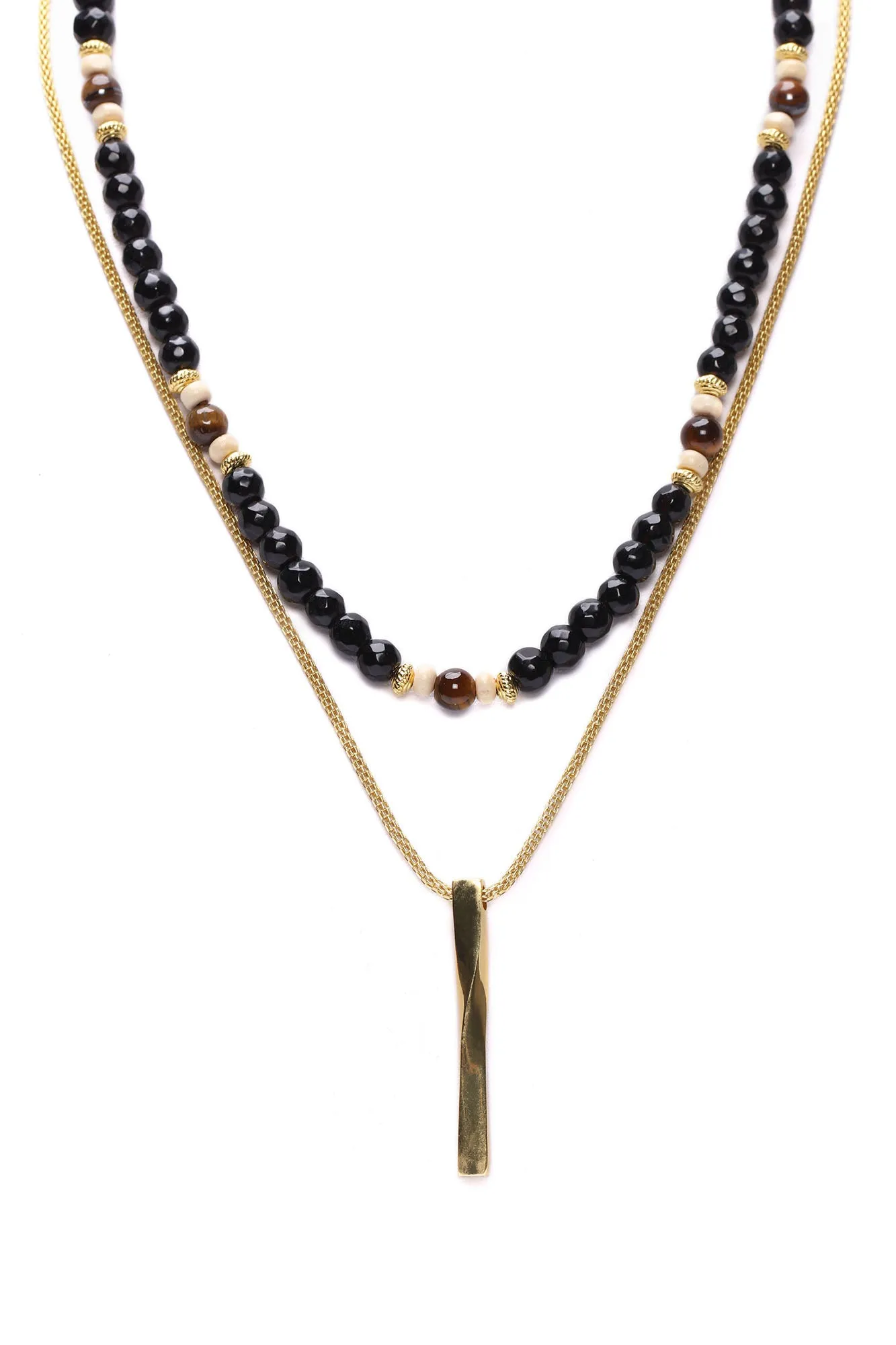 Beaded Necklace With Gold Bar Set - Black/Gold