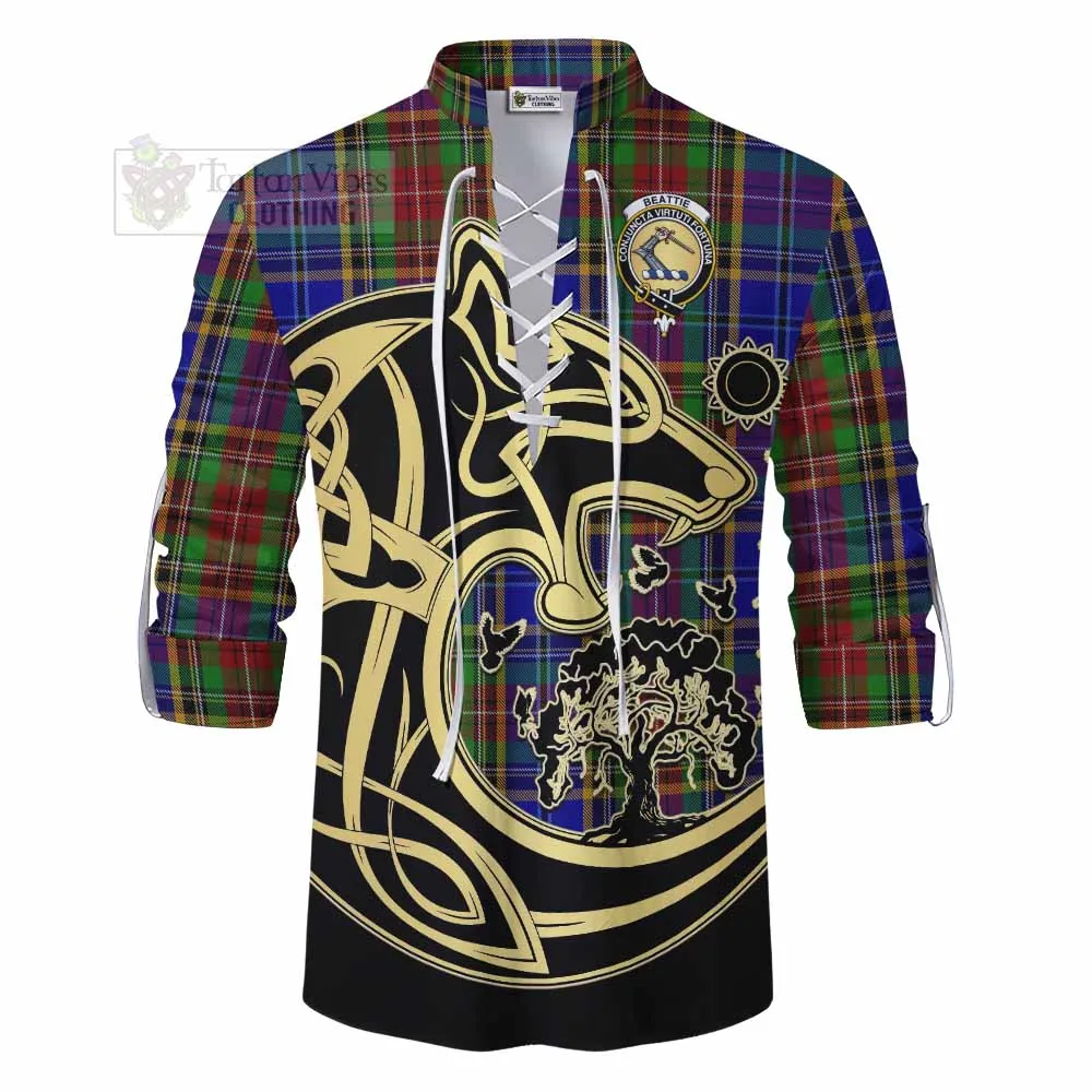 Beattie (Beatty) Tartan Ghillie Kilt Shirt with Family Crest Celtic Wolf Style