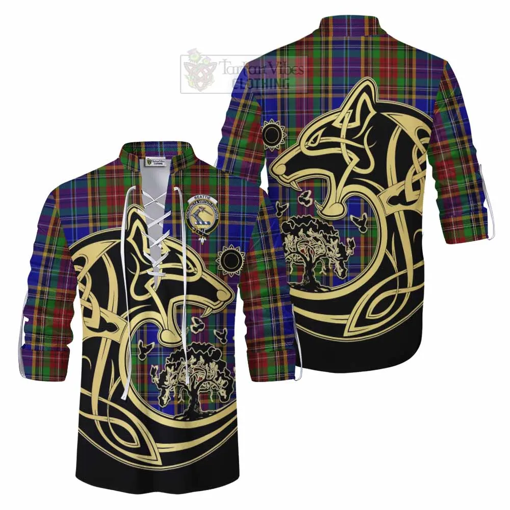 Beattie (Beatty) Tartan Ghillie Kilt Shirt with Family Crest Celtic Wolf Style