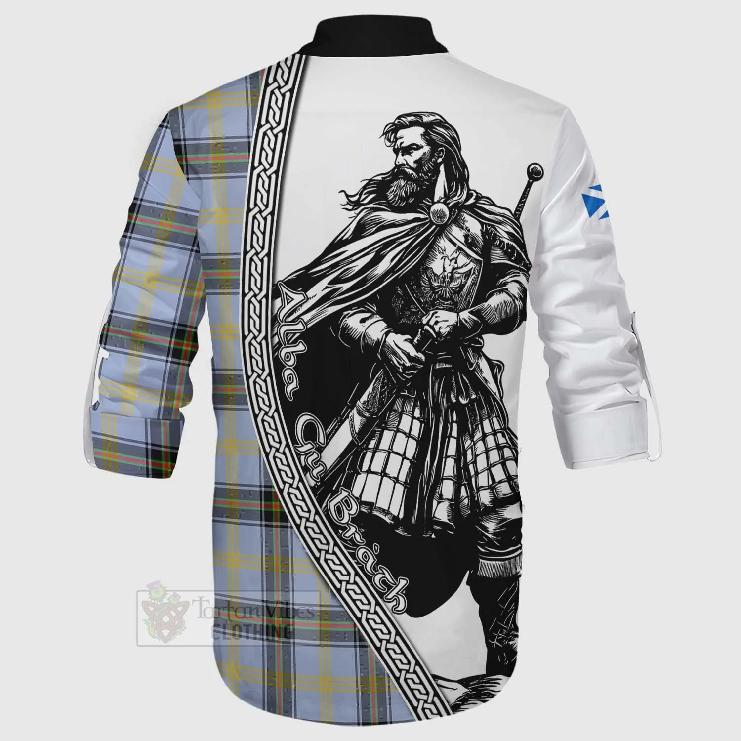 Bell Tartan Clan Crest Ghillie Kilt Shirt with Highlander Warrior Celtic Style