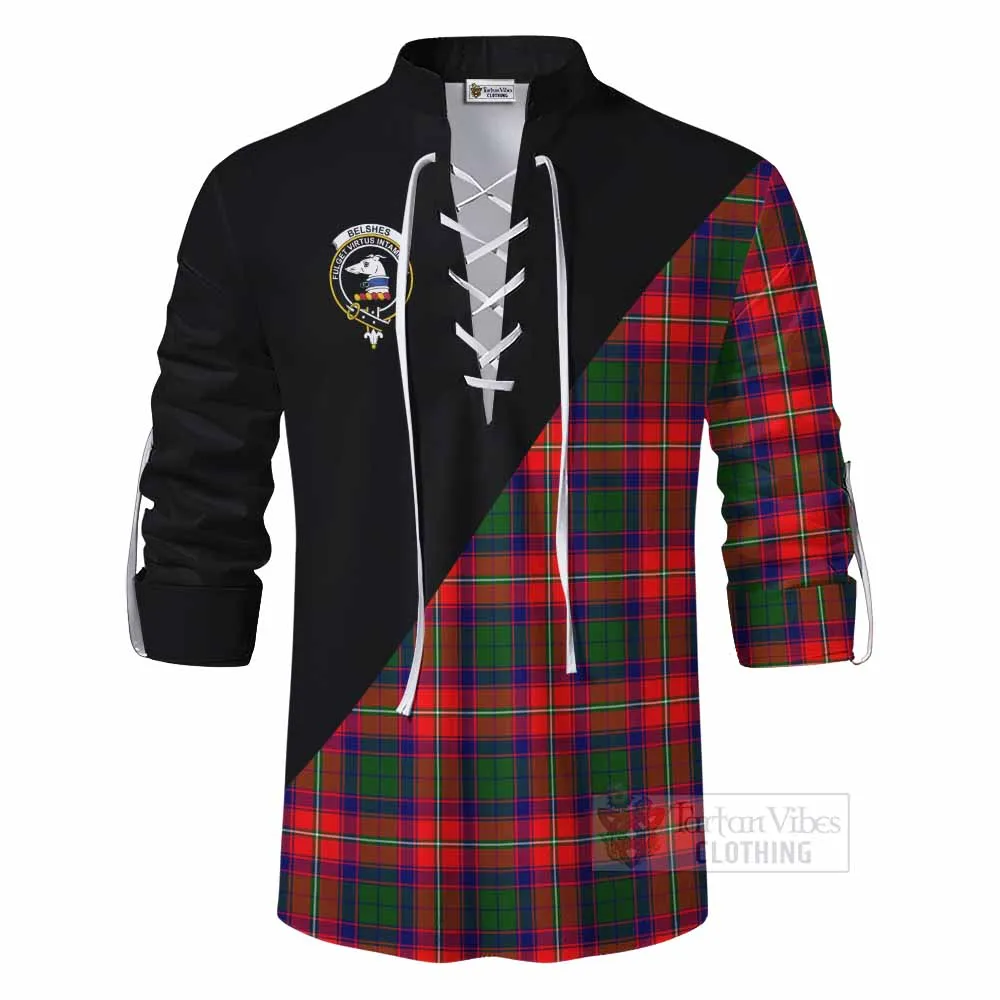 Belshes (Belsches) Tartan Ghillie Kilt Shirt with Family Crest and Military Logo Style