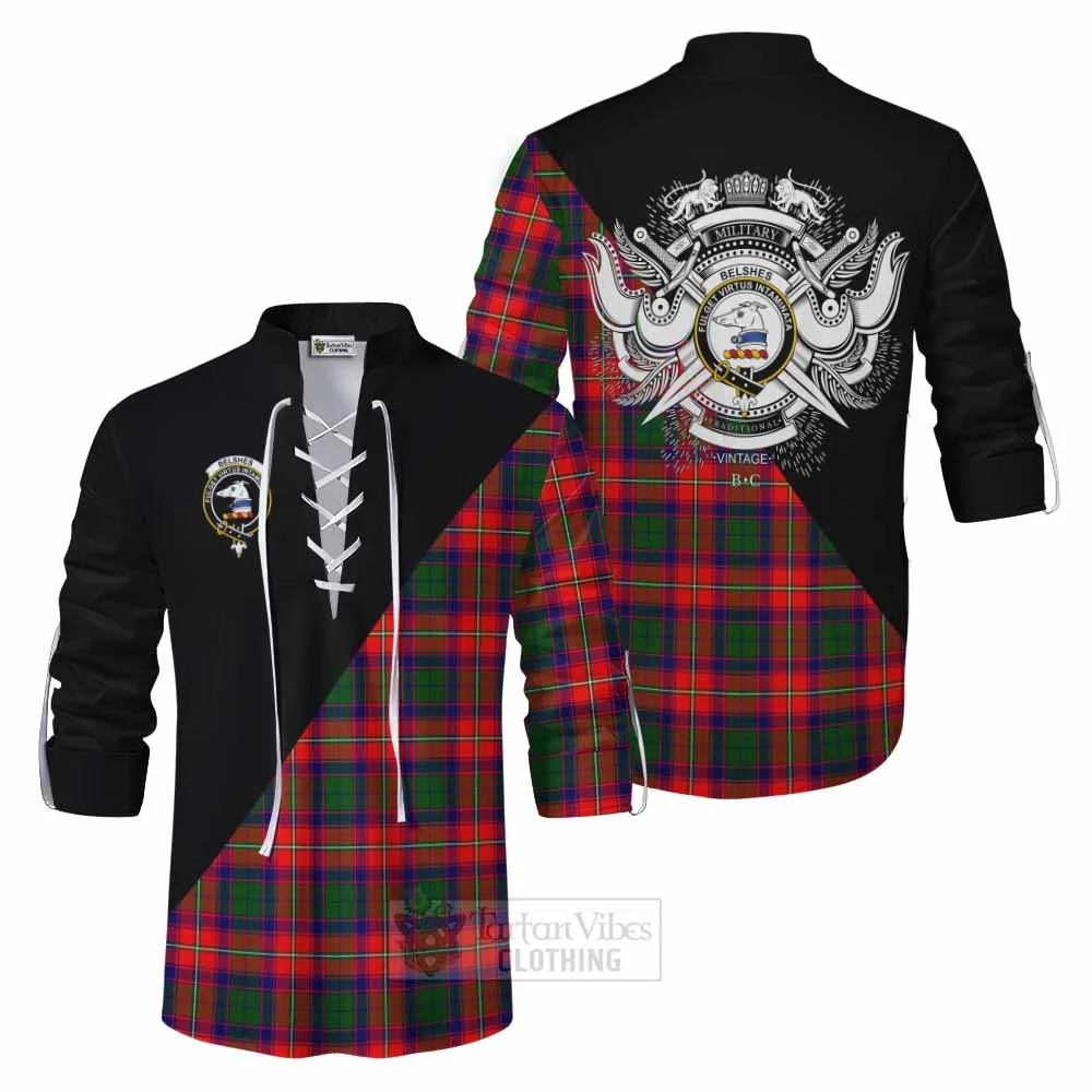 Belshes (Belsches) Tartan Ghillie Kilt Shirt with Family Crest and Military Logo Style