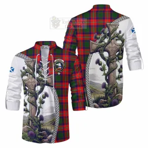Belshes (Belsches) Tartan Ghillie Kilt Shirt with Family Crest and St. Andrew's Cross Accented by Thistle Vines