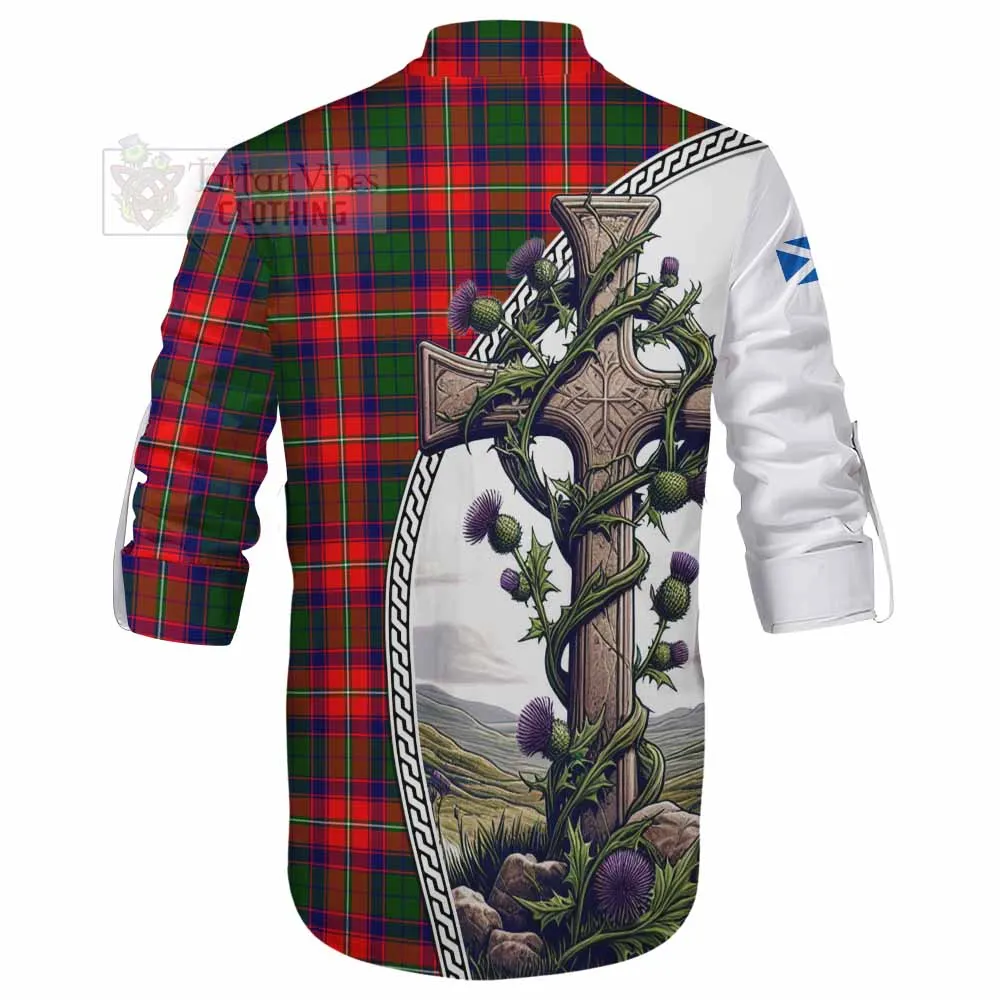 Belshes (Belsches) Tartan Ghillie Kilt Shirt with Family Crest and St. Andrew's Cross Accented by Thistle Vines