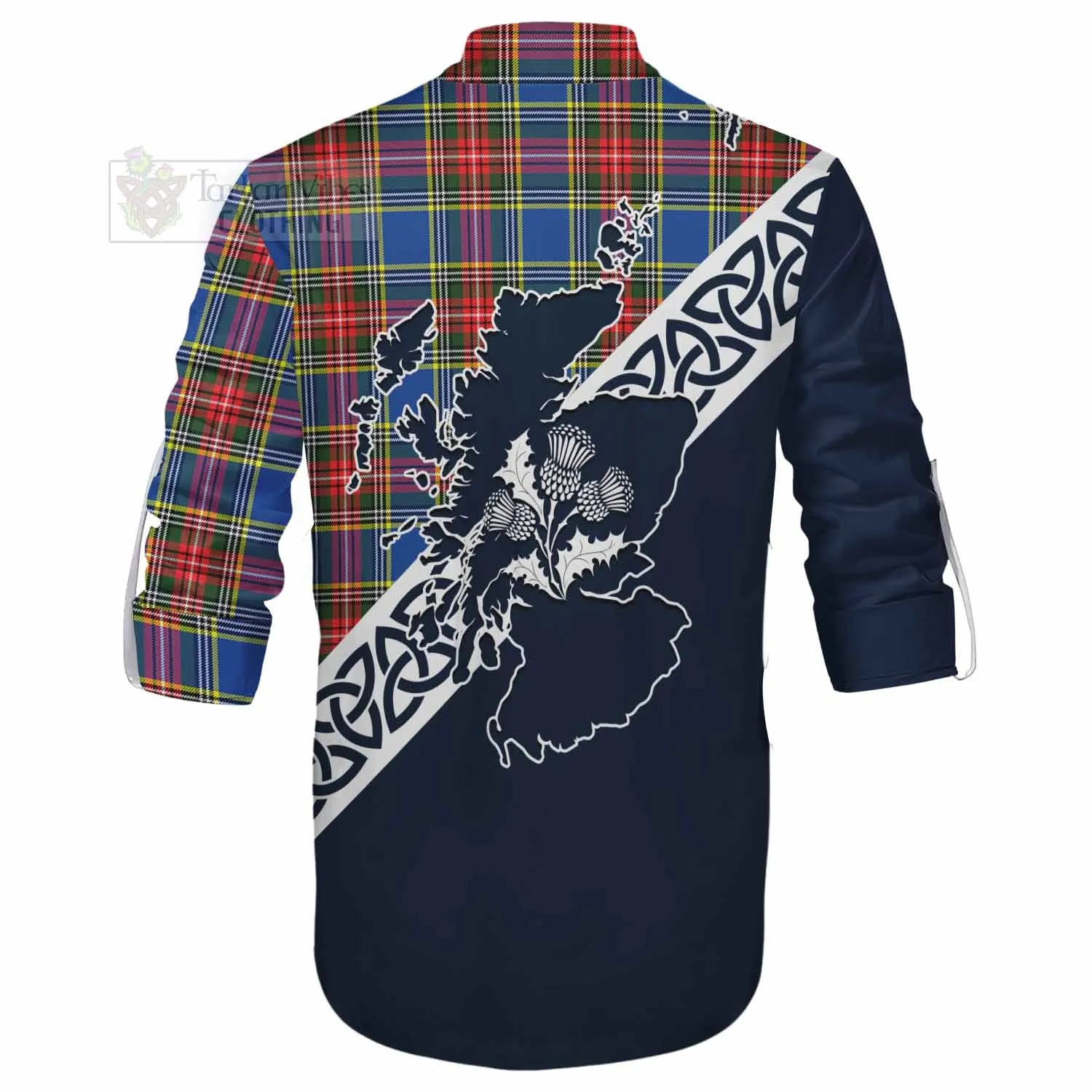 Bethune Tartan Ghillie Kilt Shirt Featuring Thistle and Scotland Map