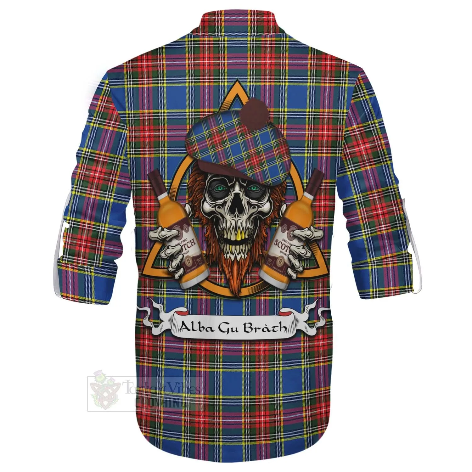 Bethune Tartan Ghillie Kilt Shirt with Family Crest and Bearded Skull Holding Bottles of Whiskey