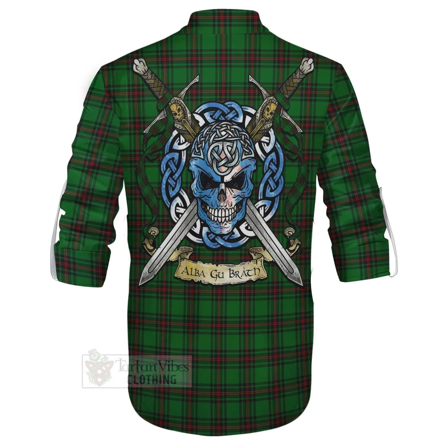 Beveridge Tartan Ghillie Kilt Shirt with Family Crest Celtic Skull Style