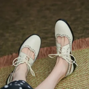 binfenxie New Summer Women Shoes Split Leather Round Toe Low Heel Cover Heel Brogues Casual Women Sandals Spring/Autumn Shoes for Ladies