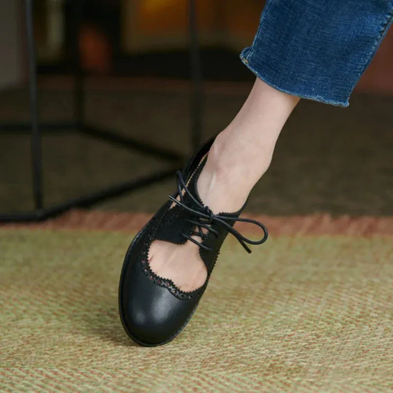 binfenxie New Summer Women Shoes Split Leather Round Toe Low Heel Cover Heel Brogues Casual Women Sandals Spring/Autumn Shoes for Ladies