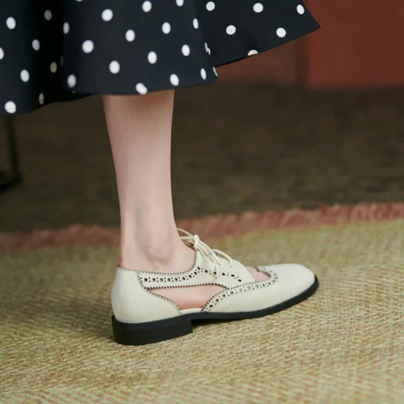 binfenxie New Summer Women Shoes Split Leather Round Toe Low Heel Cover Heel Brogues Casual Women Sandals Spring/Autumn Shoes for Ladies