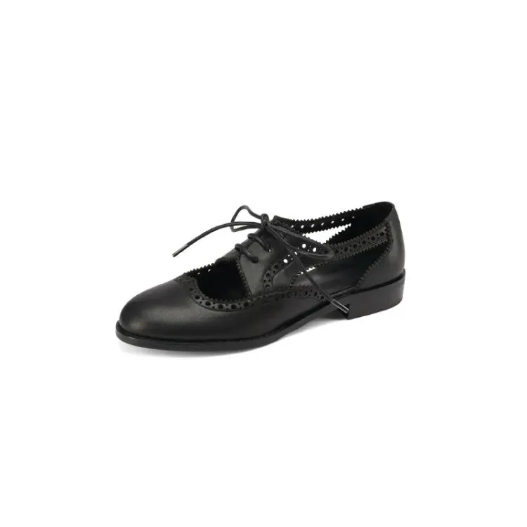 binfenxie New Summer Women Shoes Split Leather Round Toe Low Heel Cover Heel Brogues Casual Women Sandals Spring/Autumn Shoes for Ladies