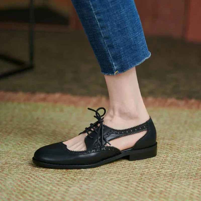 binfenxie New Summer Women Shoes Split Leather Round Toe Low Heel Cover Heel Brogues Casual Women Sandals Spring/Autumn Shoes for Ladies