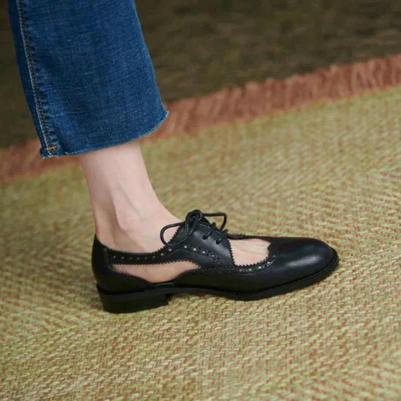 binfenxie New Summer Women Shoes Split Leather Round Toe Low Heel Cover Heel Brogues Casual Women Sandals Spring/Autumn Shoes for Ladies