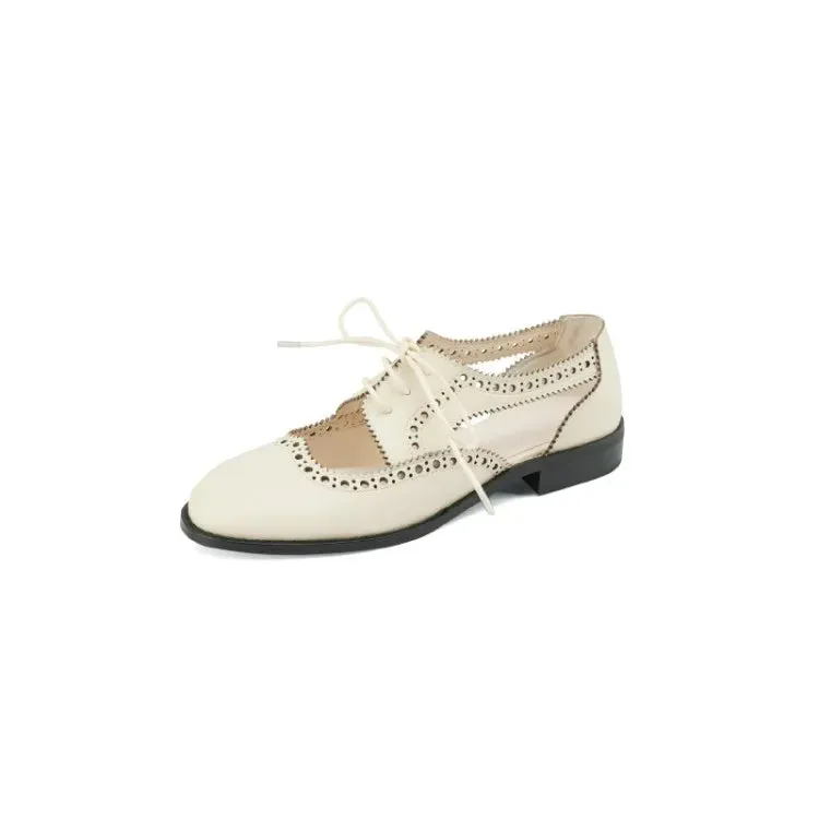 binfenxie New Summer Women Shoes Split Leather Round Toe Low Heel Cover Heel Brogues Casual Women Sandals Spring/Autumn Shoes for Ladies