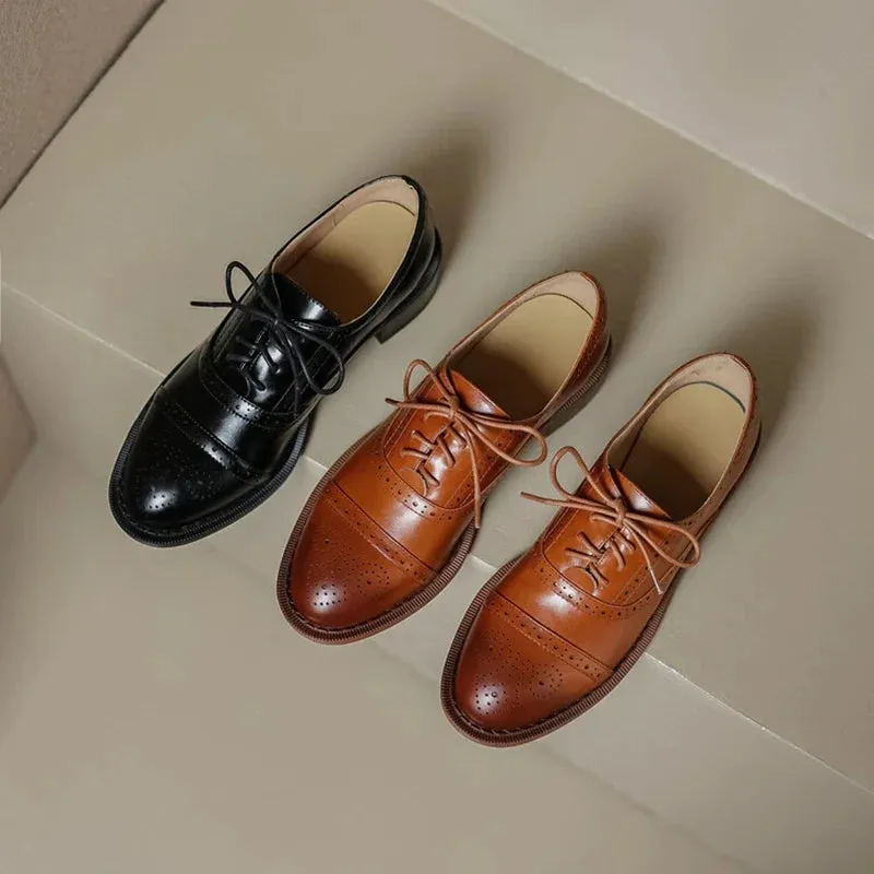 binfenxie NEW Women Oxfords Spring/Fall Shoes for Woman Genuine Leather Brogues Vintage Lace up Loafers casual Handmade Black Girls shoes