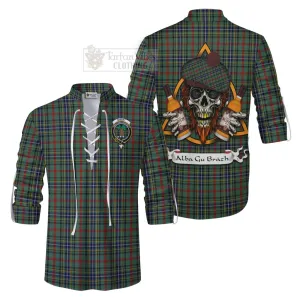 Bisset Tartan Ghillie Kilt Shirt with Family Crest and Bearded Skull Holding Bottles of Whiskey