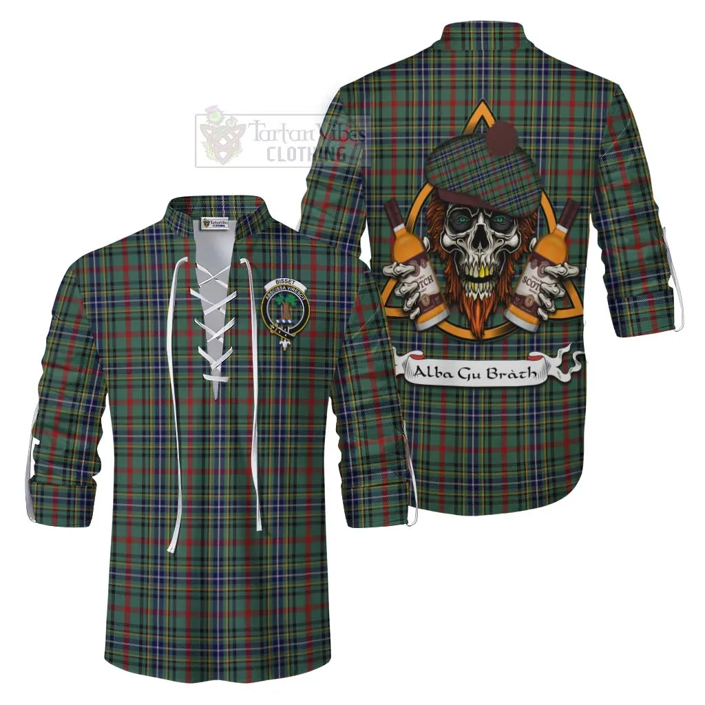 Bisset Tartan Ghillie Kilt Shirt with Family Crest and Bearded Skull Holding Bottles of Whiskey