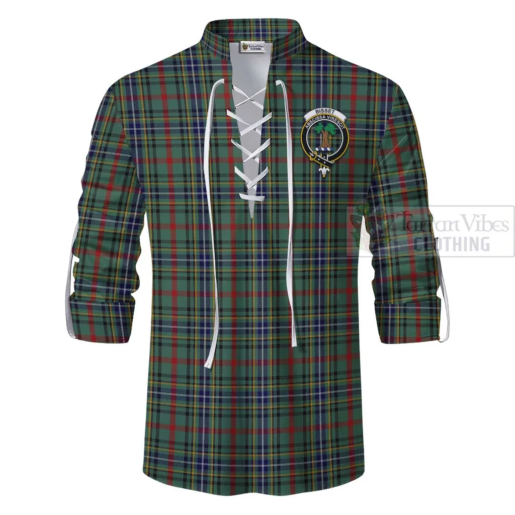 Bisset Tartan Ghillie Kilt Shirt with Family Crest and Bearded Skull Holding Bottles of Whiskey