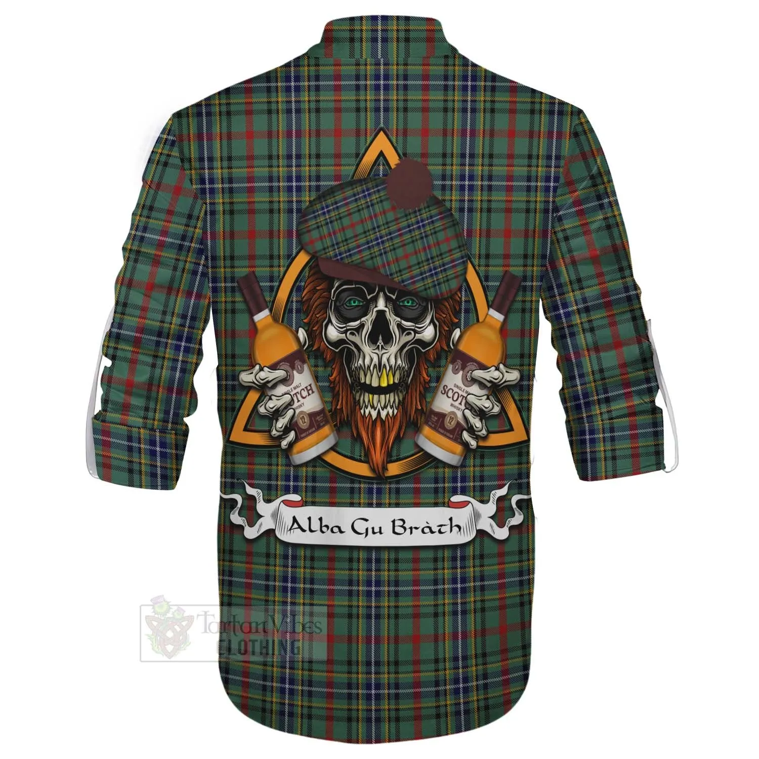 Bisset Tartan Ghillie Kilt Shirt with Family Crest and Bearded Skull Holding Bottles of Whiskey