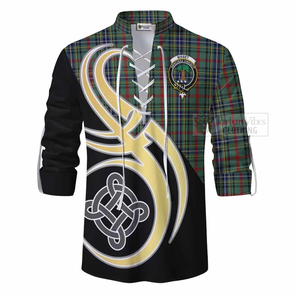 Bisset Tartan Ghillie Kilt Shirt with Family Crest and Celtic Symbol Style