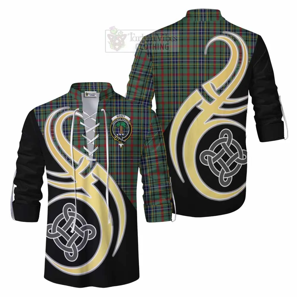 Bisset Tartan Ghillie Kilt Shirt with Family Crest and Celtic Symbol Style