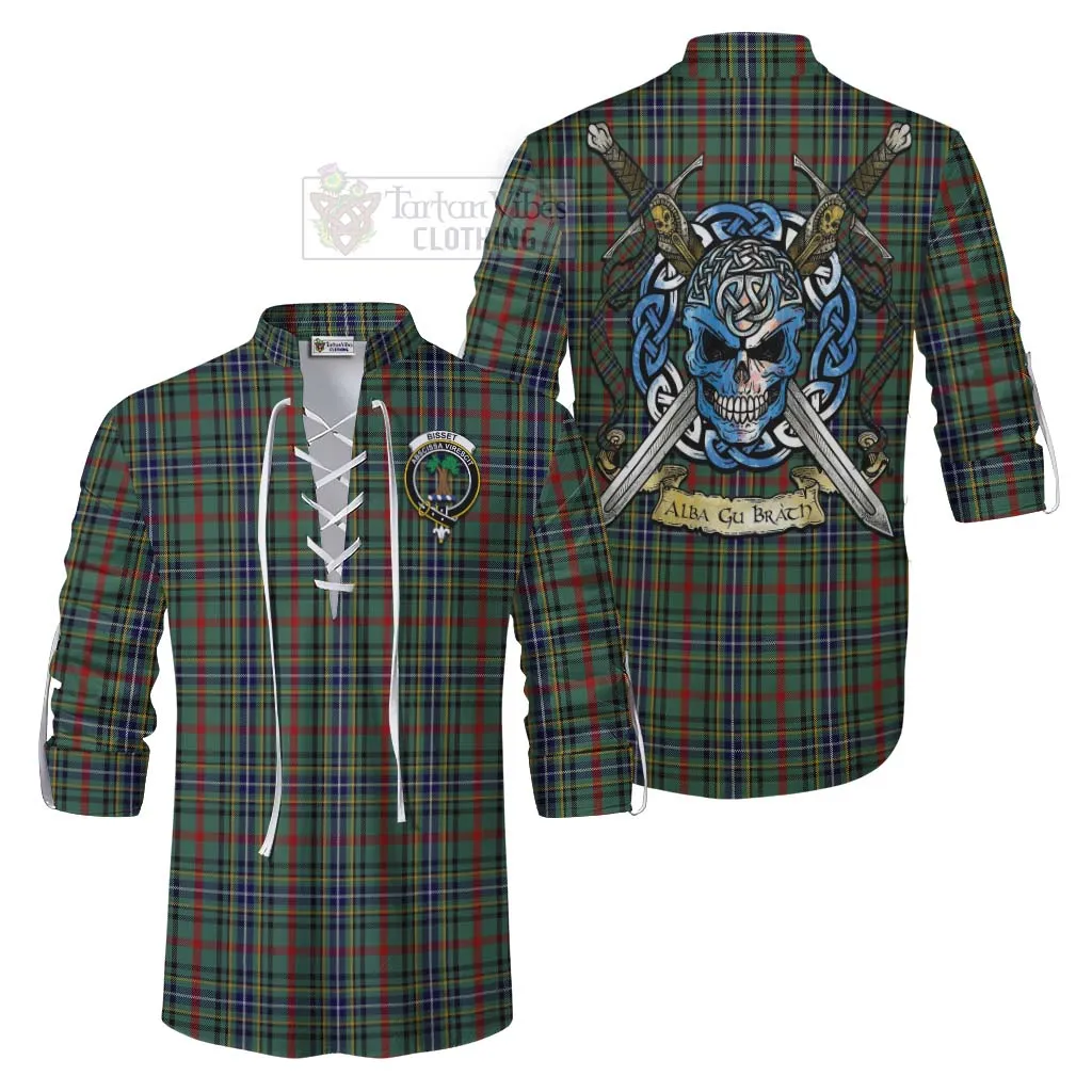 Bisset Tartan Ghillie Kilt Shirt with Family Crest Celtic Skull Style