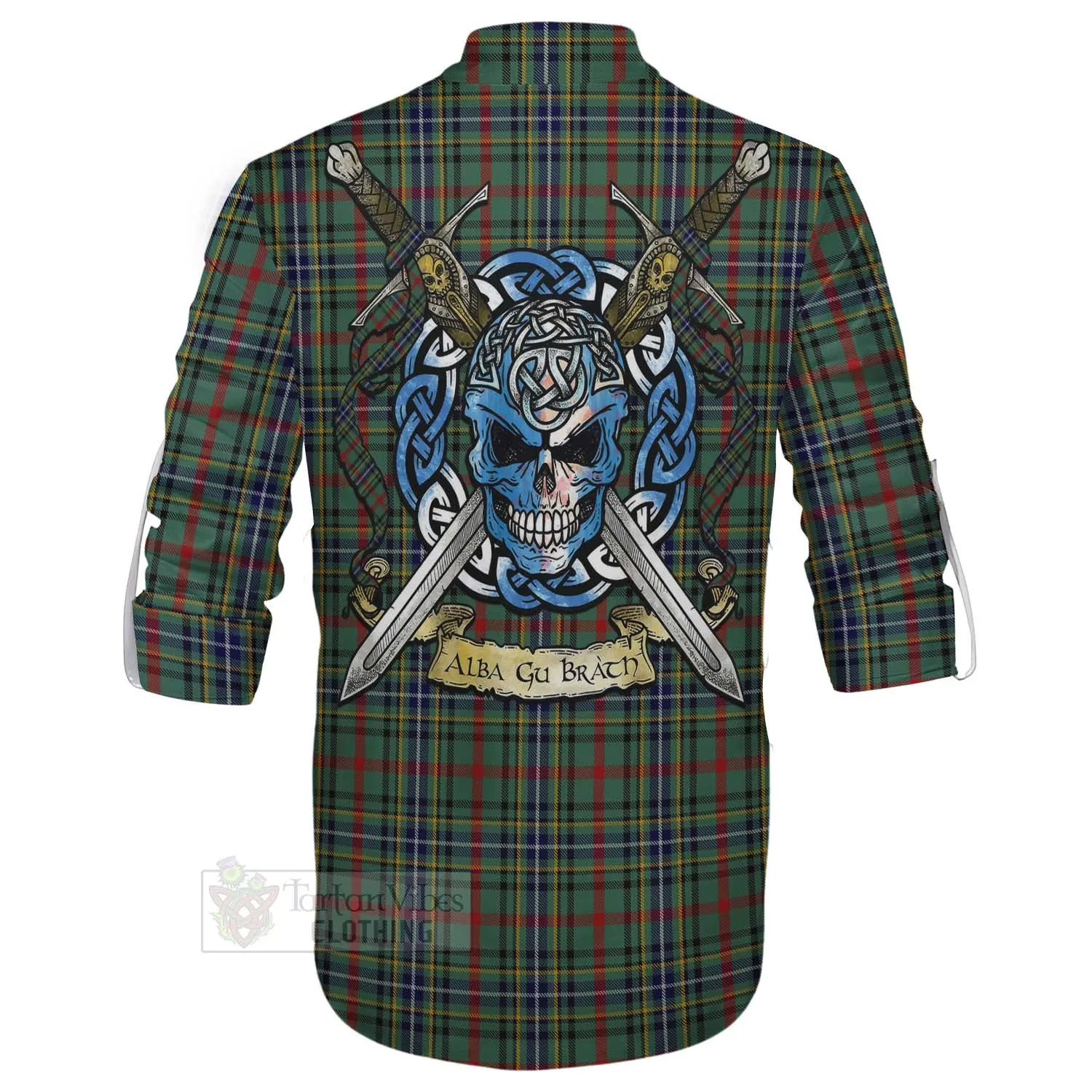 Bisset Tartan Ghillie Kilt Shirt with Family Crest Celtic Skull Style