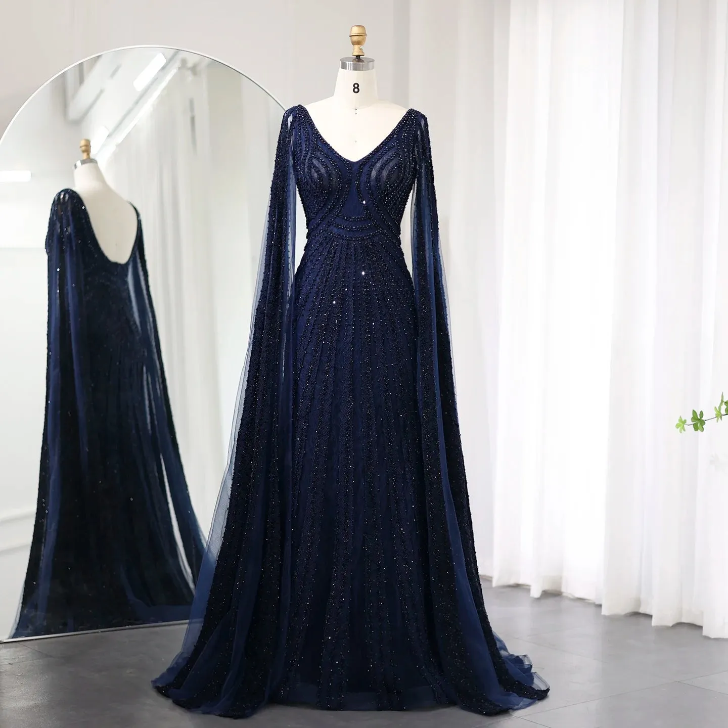 Black Arabic Mermaid Evening Dresses with Cape Sleeves Luxury Beaded Dubai For Women Wedding Party Gowns