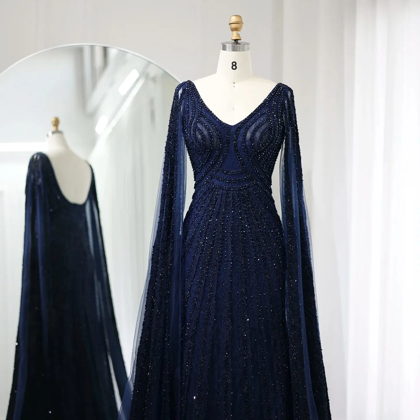 Black Arabic Mermaid Evening Dresses with Cape Sleeves Luxury Beaded Dubai For Women Wedding Party Gowns