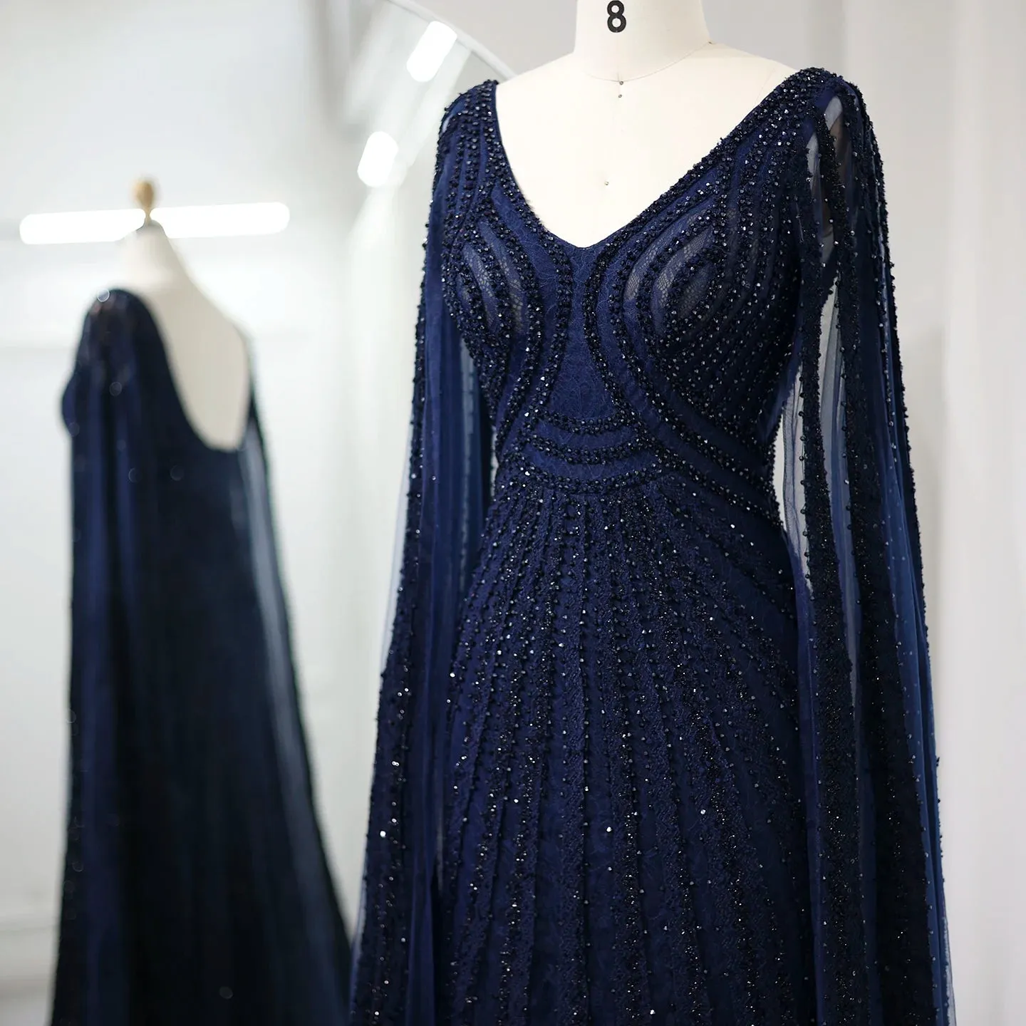 Black Arabic Mermaid Evening Dresses with Cape Sleeves Luxury Beaded Dubai For Women Wedding Party Gowns