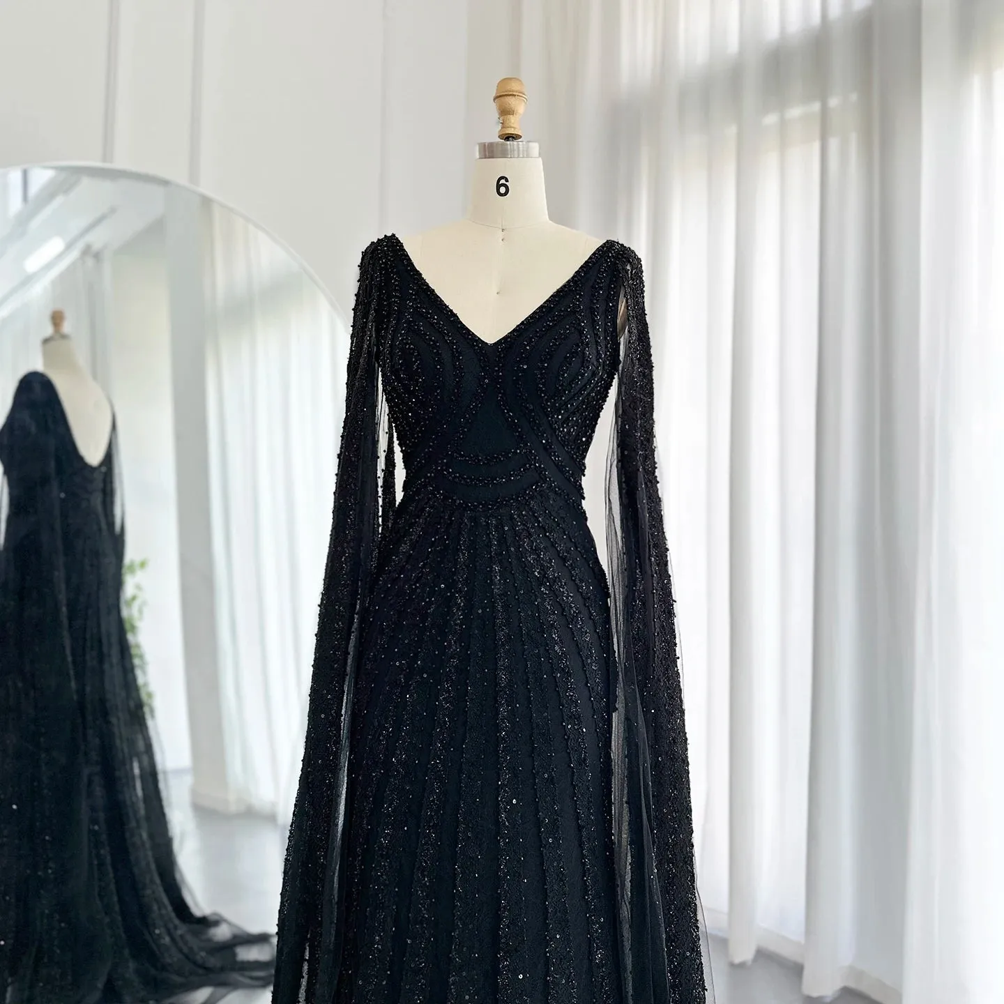 Black Arabic Mermaid Evening Dresses with Cape Sleeves Luxury Beaded Dubai For Women Wedding Party Gowns
