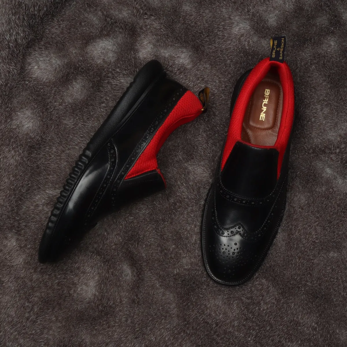 Black Leather Red Mesh Light Weight Slip-On Shoes by Brune & Bareskin
