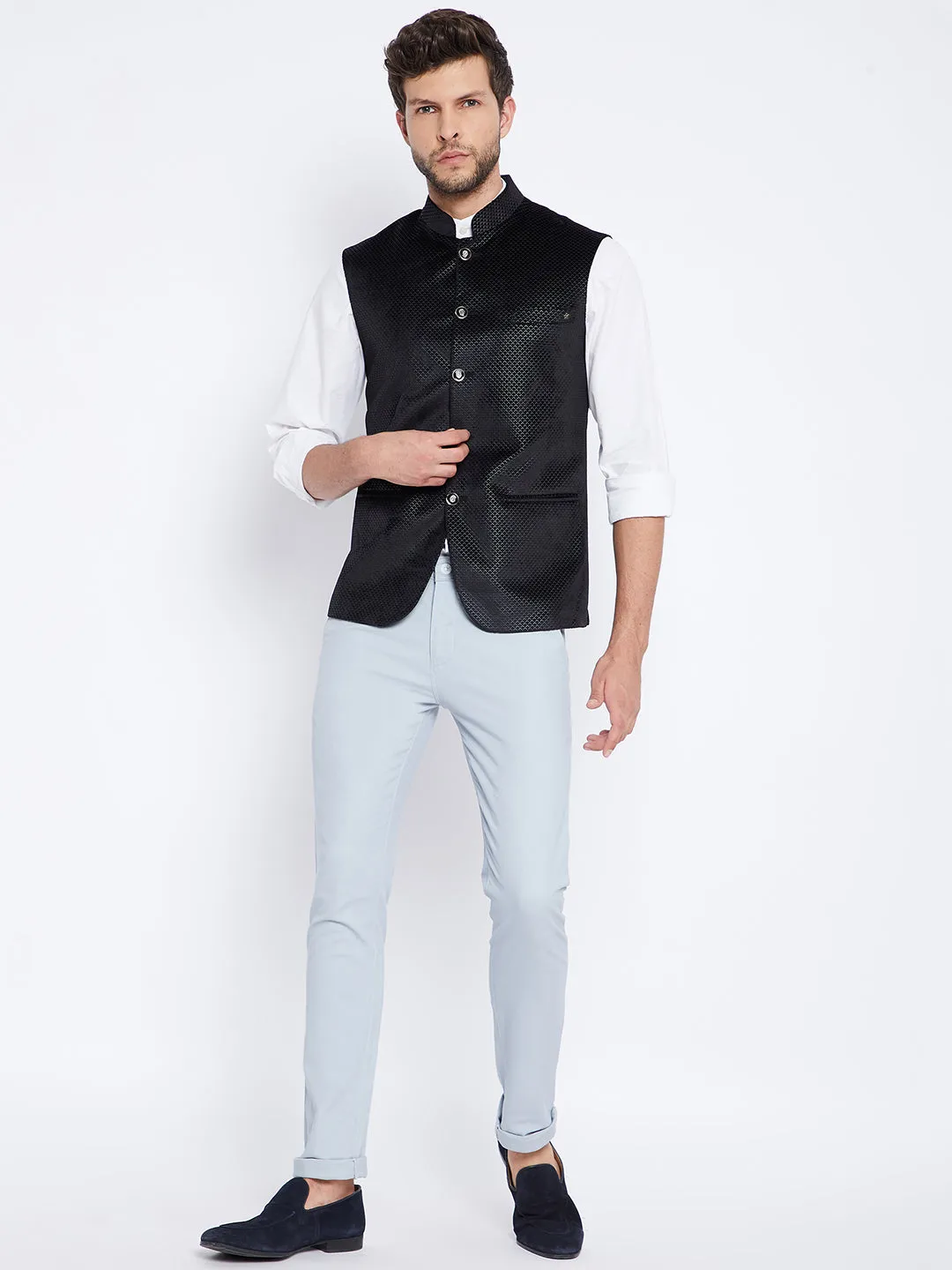 Black Printed Mandarin Waistcoat