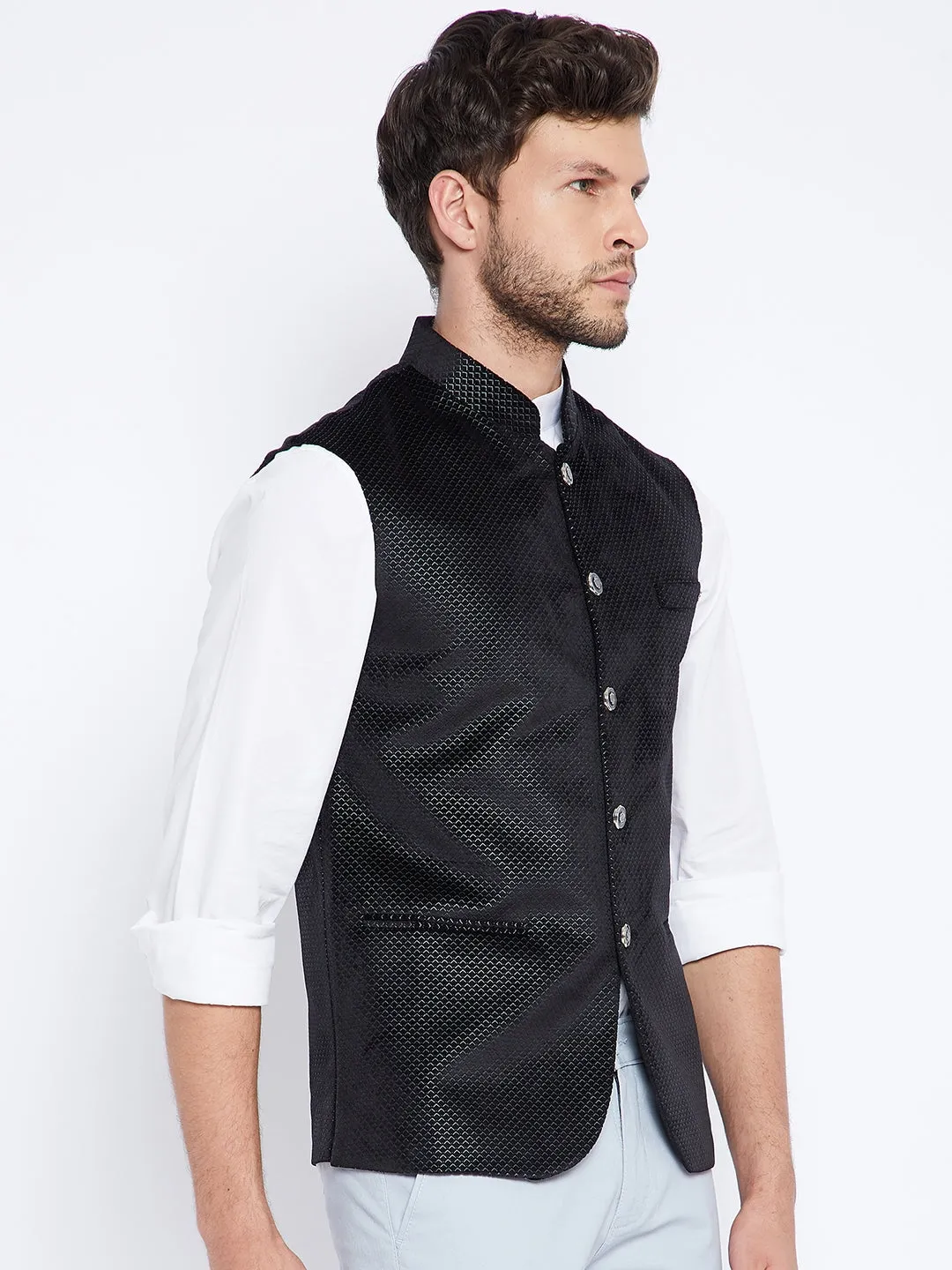 Black Printed Mandarin Waistcoat