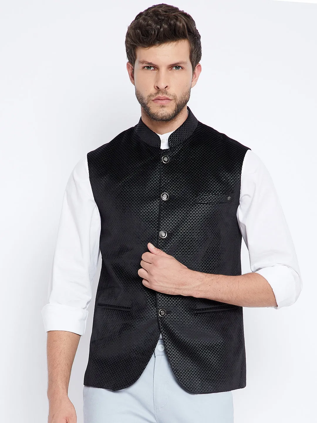 Black Printed Mandarin Waistcoat